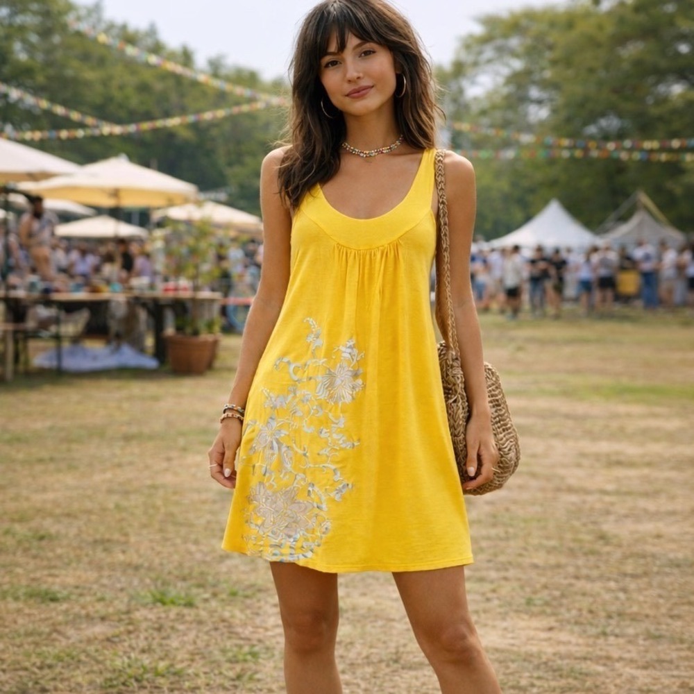 Vintage Y2K YA Mini Dress Yellow Sleeveless Silver Floral Print Made in USA M/L